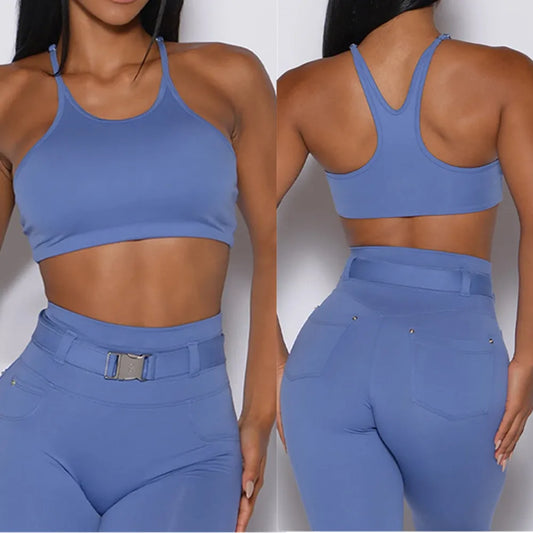 2 PIECE GYM SET WITH RACER BACK TOP AND BELTED PANTS