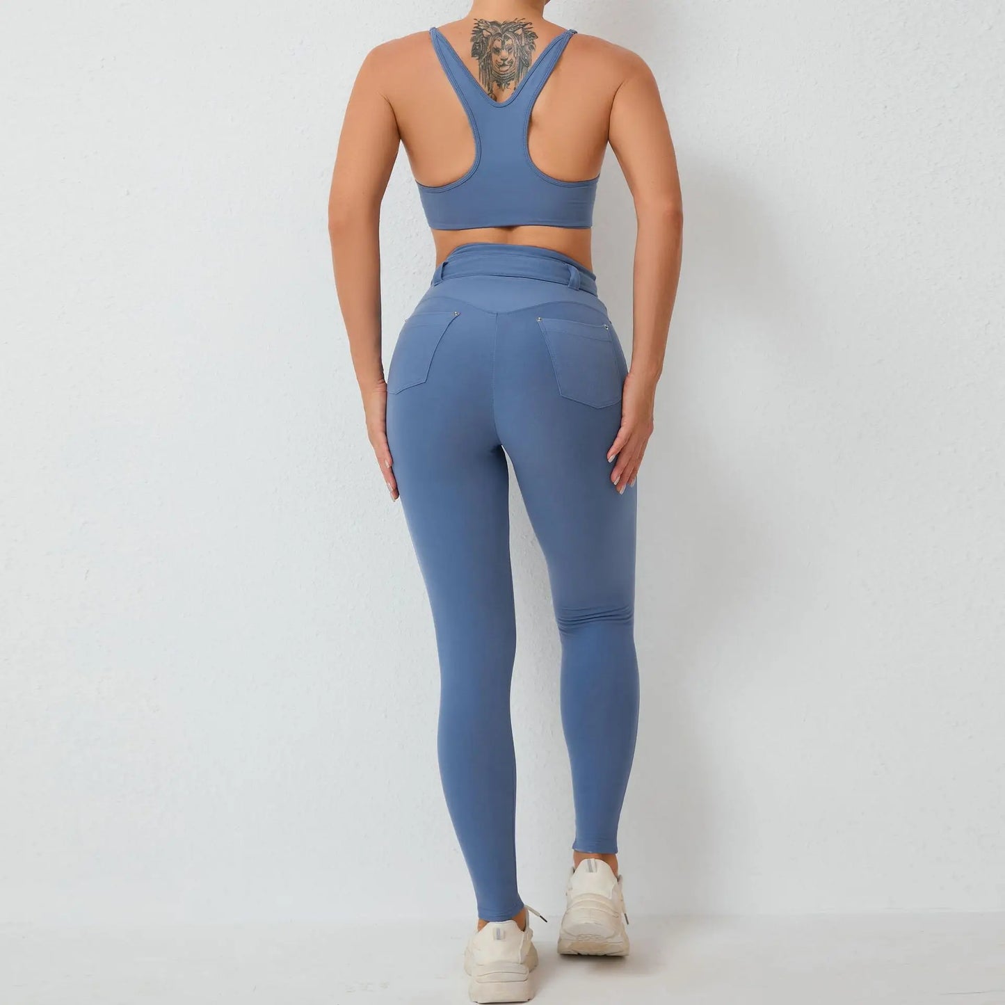 2 PIECE GYM SET WITH RACER BACK TOP AND BELTED PANTS