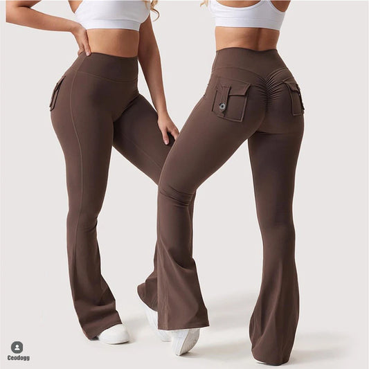 2024 Nude Pocket Button Flare Leggings High Waist Wide Leg Yoga Pant Women Gym Fitness Sport Latin Dance Trousers Active Bottoms